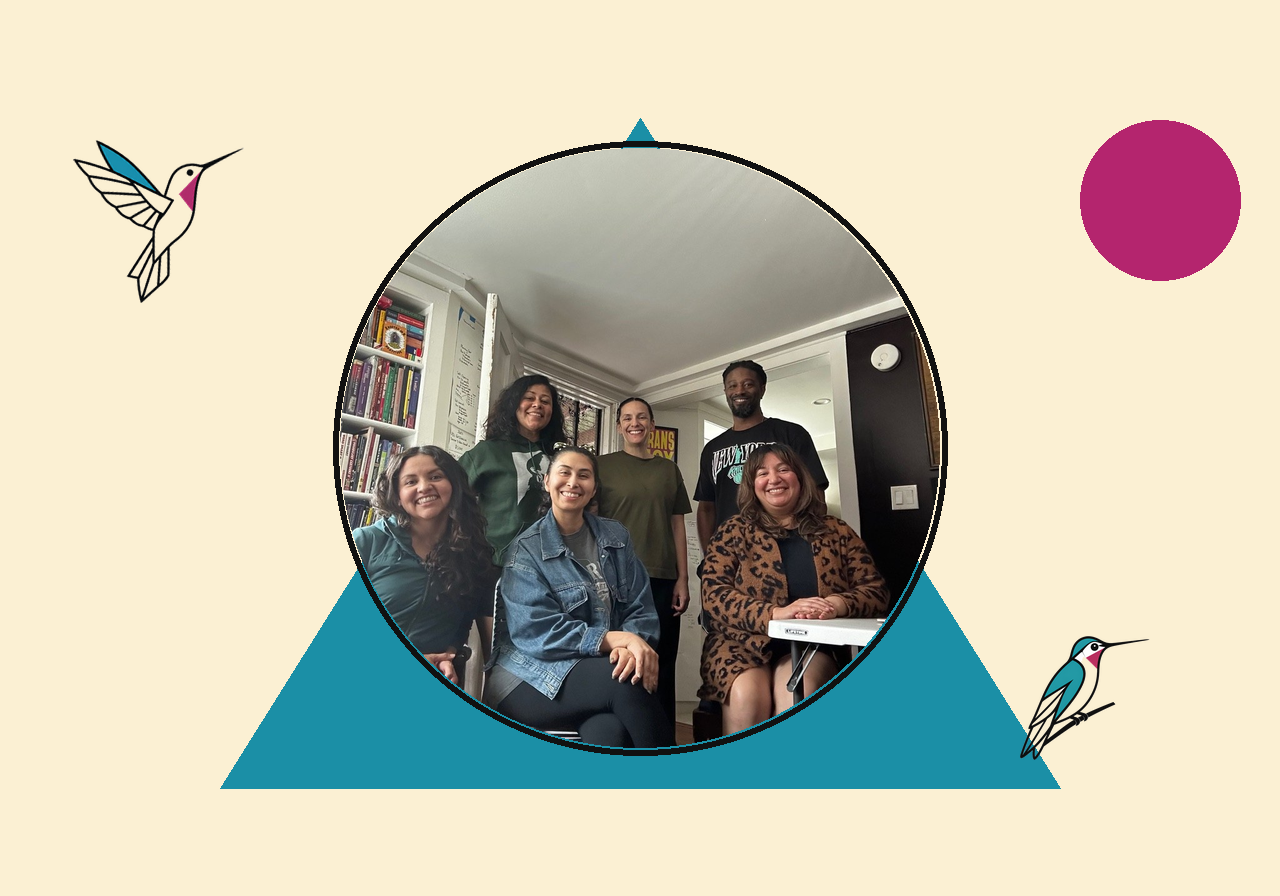 The Legacy Academy founding team framed by illustrated hummingbirds and teal and raspberry shapes